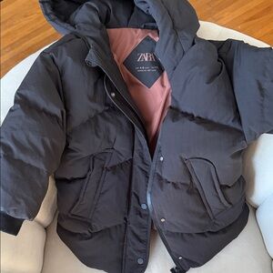 Zara Black Hooded Puffer Coat